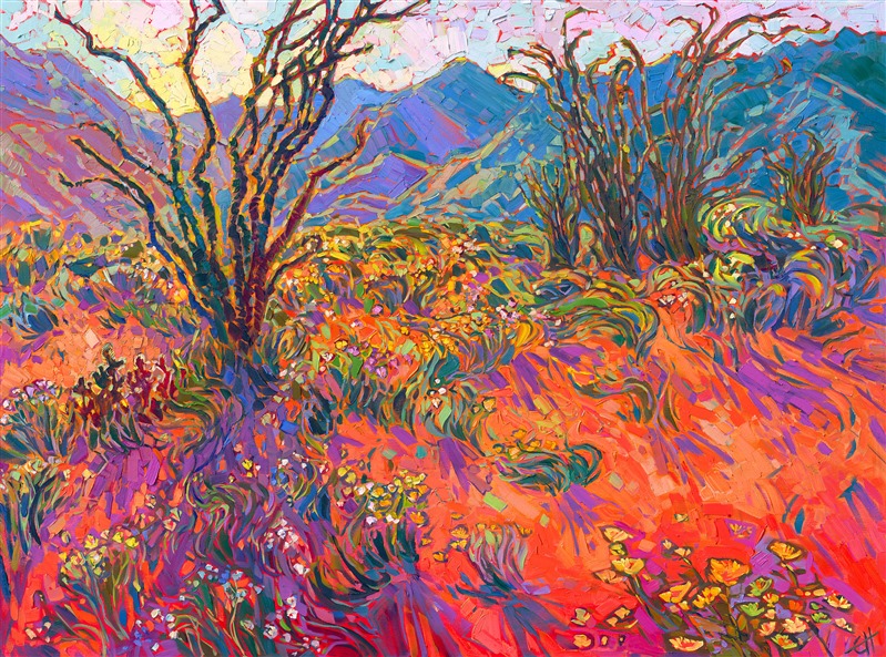 The rare phenomenon of the desert super bloom is captured in this painting of Borrego Springs, California. The warm hues of the desert contrast with the cool greens and yellows of springtime. Each brush stroke was applied to capture the rhythm of the landscape.</p><p>"Ocotillo and Blooms" is an original oil painting on stretched canvas. The painting arrives in a hand-made, closed corner, gold floater frame.