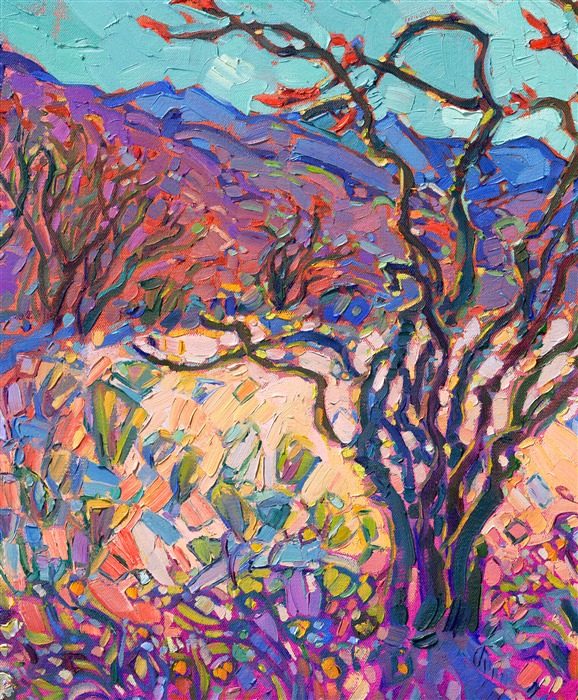 Borrego Springs, nested in a high desert valley between Palm Desert and San Diego, is an isolated haven of desert beauty, especially during a springtime superbloom.  Ocotillo and desert flowers blanket the sandy floor with unexpected pops of color, making it a joy to paint.</p><p>"Ocotillo in Color" is an original oil painting by Erin Hanson. The piece arrives framed in a custom gold floater frame, ready to hang.
