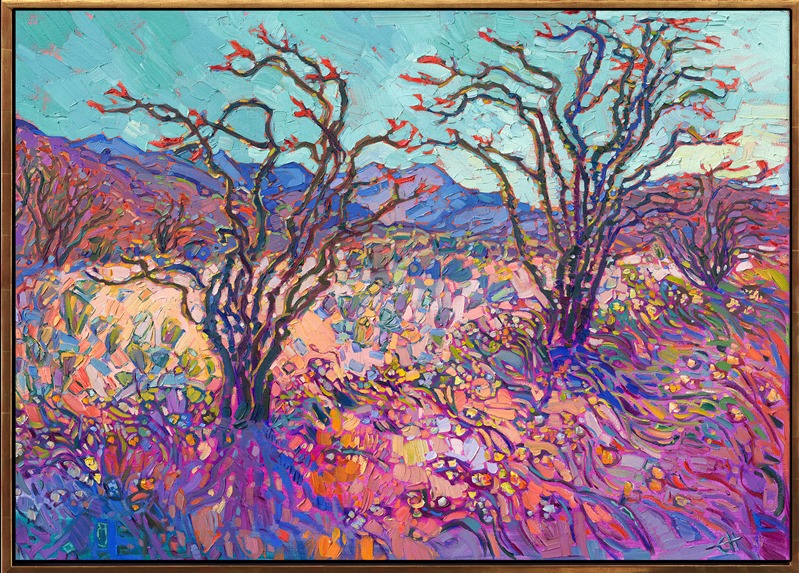 Borrego Springs, nested in a high desert valley between Palm Desert and San Diego, is an isolated haven of desert beauty, especially during a springtime superbloom.  Ocotillo and desert flowers blanket the sandy floor with unexpected pops of color, making it a joy to paint.</p><p>"Ocotillo in Color" is an original oil painting by Erin Hanson. The piece arrives framed in a custom gold floater frame, ready to hang.