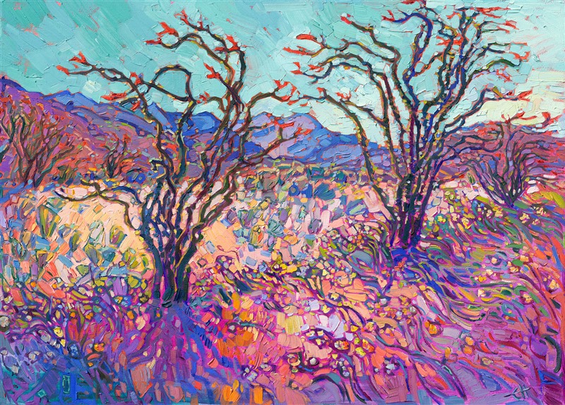 Borrego Springs, nested in a high desert valley between Palm Desert and San Diego, is an isolated haven of desert beauty, especially during a springtime superbloom.  Ocotillo and desert flowers blanket the sandy floor with unexpected pops of color, making it a joy to paint.</p><p>"Ocotillo in Color" is an original oil painting by Erin Hanson. The piece arrives framed in a custom gold floater frame, ready to hang.