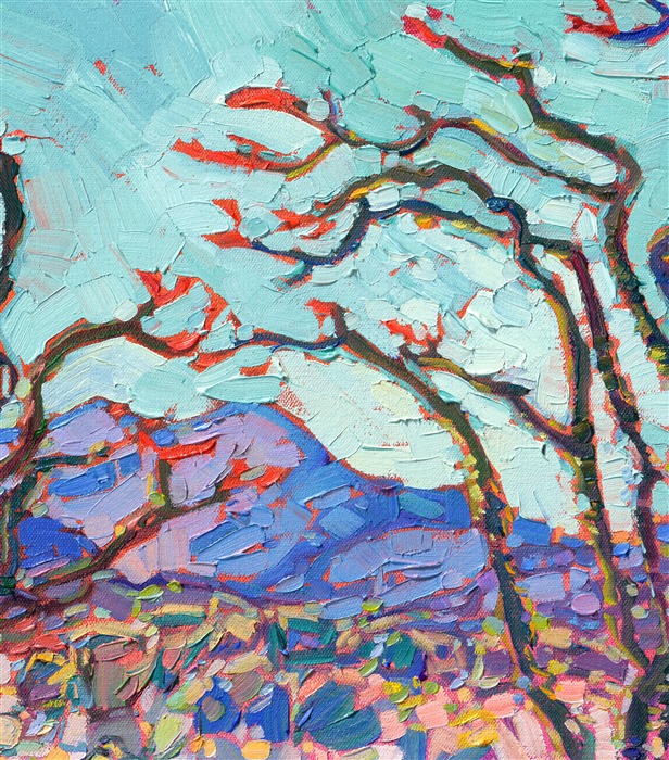 Borrego Springs, nested in a high desert valley between Palm Desert and San Diego, is an isolated haven of desert beauty, especially during a springtime superbloom.  Ocotillo and desert flowers blanket the sandy floor with unexpected pops of color, making it a joy to paint.</p><p>"Ocotillo in Color" is an original oil painting by Erin Hanson. The piece arrives framed in a custom gold floater frame, ready to hang.