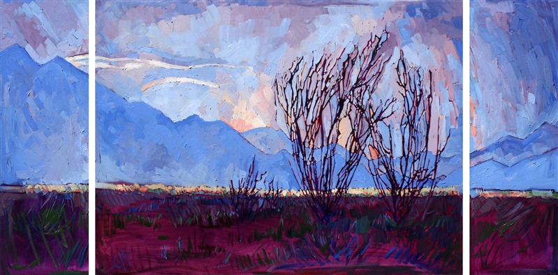 A mosaic of color brings out the beauty of ocotillo cacti at Borrego Springs, California. This painting was expanded into a triptych to increase its size and majesty.