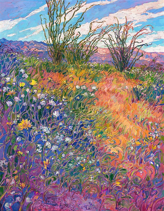 The 2017 super bloom became famous around the world for the gorgeous and abundant desert blooms that spread across the California desert. Visitors flocked to the tiny town of Borrego Springs in droves, hoping to photograph the unusual bounty. This painting captures the super bloom with vivid colors and loose, impressionistic brush strokes.