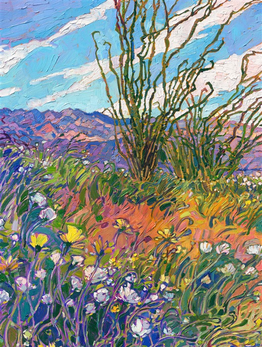 The 2017 super bloom became famous around the world for the gorgeous and abundant desert blooms that spread across the California desert. Visitors flocked to the tiny town of Borrego Springs in droves, hoping to photograph the unusual bounty. This painting captures the super bloom with vivid colors and loose, impressionistic brush strokes.