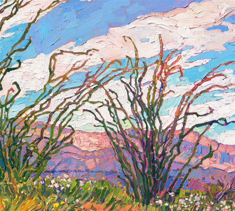 The 2017 super bloom became famous around the world for the gorgeous and abundant desert blooms that spread across the California desert. Visitors flocked to the tiny town of Borrego Springs in droves, hoping to photograph the unusual bounty. This painting captures the super bloom with vivid colors and loose, impressionistic brush strokes.