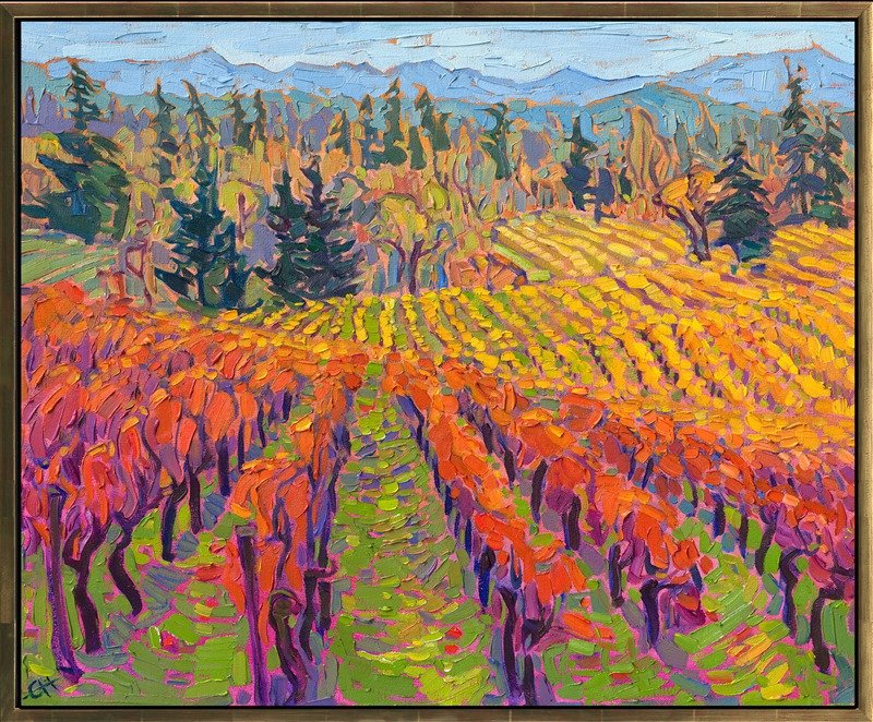 Willamette Valley wine country has been rated as one of Time Magazine's 2023 World's Greatest Places. Rolling hills are covered in lush and colorful vines, with pine and oak trees intermingled. This painting captures Oregon's wine country in brush strokes and impressionist color reminiscent of Monet and van Gogh.</p><p><b>Please note</b>: This painting will be hanging in a museum exhibition until November 5th, 2023. This piece is included in the show Erin Hanson: Color on the Vine at the Bone Creek Museum of Agrarian Art in Nebraska. You may purchase the painting now, but you will not receive the painting until after the show ends in November 2023.</p><p>"October Vines" is an original oil painting created on stretched canvas. The piece arrives in a gold floater frame, ready to hang.