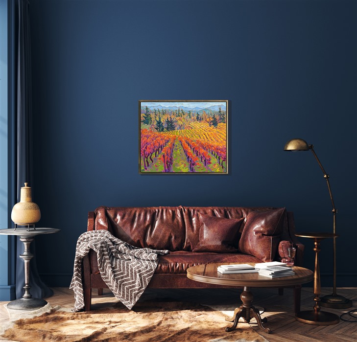 Willamette Valley wine country has been rated as one of Time Magazine's 2023 World's Greatest Places. Rolling hills are covered in lush and colorful vines, with pine and oak trees intermingled. This painting captures Oregon's wine country in brush strokes and impressionist color reminiscent of Monet and van Gogh.</p><p><b>Please note</b>: This painting will be hanging in a museum exhibition until November 5th, 2023. This piece is included in the show Erin Hanson: Color on the Vine at the Bone Creek Museum of Agrarian Art in Nebraska. You may purchase the painting now, but you will not receive the painting until after the show ends in November 2023.</p><p>"October Vines" is an original oil painting created on stretched canvas. The piece arrives in a gold floater frame, ready to hang.