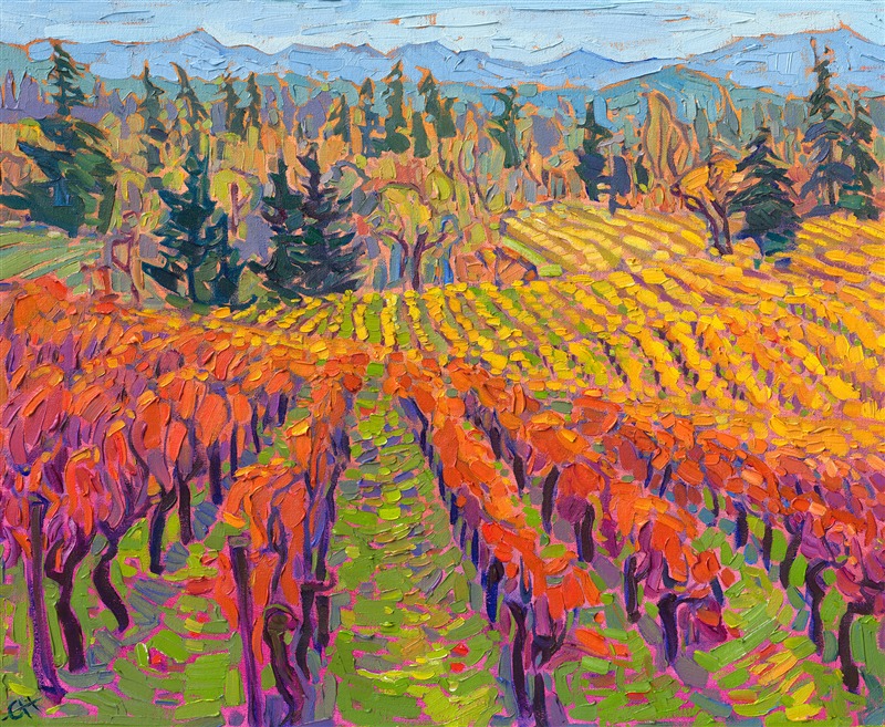 Willamette Valley wine country has been rated as one of Time Magazine's 2023 World's Greatest Places. Rolling hills are covered in lush and colorful vines, with pine and oak trees intermingled. This painting captures Oregon's wine country in brush strokes and impressionist color reminiscent of Monet and van Gogh.</p><p><b>Please note</b>: This painting will be hanging in a museum exhibition until November 5th, 2023. This piece is included in the show Erin Hanson: Color on the Vine at the Bone Creek Museum of Agrarian Art in Nebraska. You may purchase the painting now, but you will not receive the painting until after the show ends in November 2023.</p><p>"October Vines" is an original oil painting created on stretched canvas. The piece arrives in a gold floater frame, ready to hang.