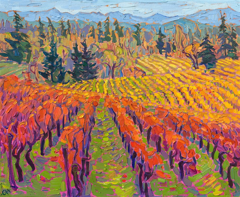 Willamette Valley wine country has been rated as one of Time Magazine's 2023 World's Greatest Places. Rolling hills are covered in lush and colorful vines, with pine and oak trees intermingled. This painting captures Oregon's wine country in brush strokes and impressionist color reminiscent of Monet and van Gogh.

<b>Please note</b>: This painting will be hanging in a museum exhibition until November 5th, 2023. This piece is included in the show Erin Hanson: Color on the Vine at the Bone Creek Museum of Agrarian Art in Nebraska. You may purchase the painting now, but you will not receive the painting until after the show ends in November 2023.

"October Vines" is an original oil painting created on stretched canvas. The piece arrives in a gold floater frame, ready to hang.