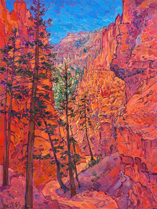 Hiking down into Bryce Canyon is a surreal experience everyone should do once in their lifetime. The looming hoodoos and sandstone rock formations make you feel transported to another world. This painting captures the otherworldly effect of this beautiful National Park.