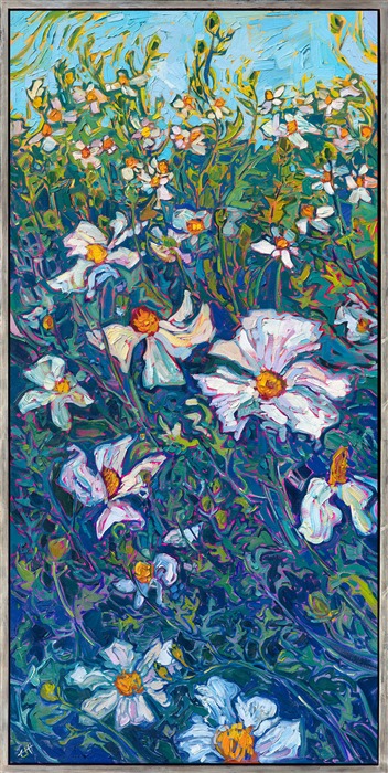 These large white Matilija poppies from Ojai, California, are captured in impressionistic brush strokes and lively colors by modern impressionist Erin Hanson. The thick texture of the oil paint and confident brush strokes create a tapestry of color and texture across the canvas that keeps the eye ever-moving through the scene.</p><p>"Ojai Poppies" is an original oil painting on stretched canvas. The piece arrives framed in a burnished silver floater frame, ready to hang.