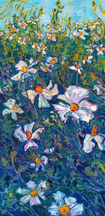 These large white Matilija poppies from Ojai, California, are captured in impressionistic brush strokes and lively colors by modern impressionist Erin Hanson. The thick texture of the oil paint and confident brush strokes create a tapestry of color and texture across the canvas that keeps the eye ever-moving through the scene.

"Ojai Poppies" is an original oil painting on stretched canvas. The piece arrives framed in a burnished silver floater frame, ready to hang.