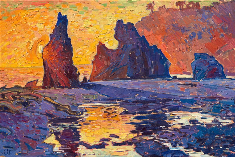 Ruby Beach was my favorite part of Olympic National Park in Washington state. The dramatic rock stacks created some of the most interesting coastline I've ever painted. I loved how the entire landscape became bathed in rich hues of orange and purple as the sun sank to the horizon. 