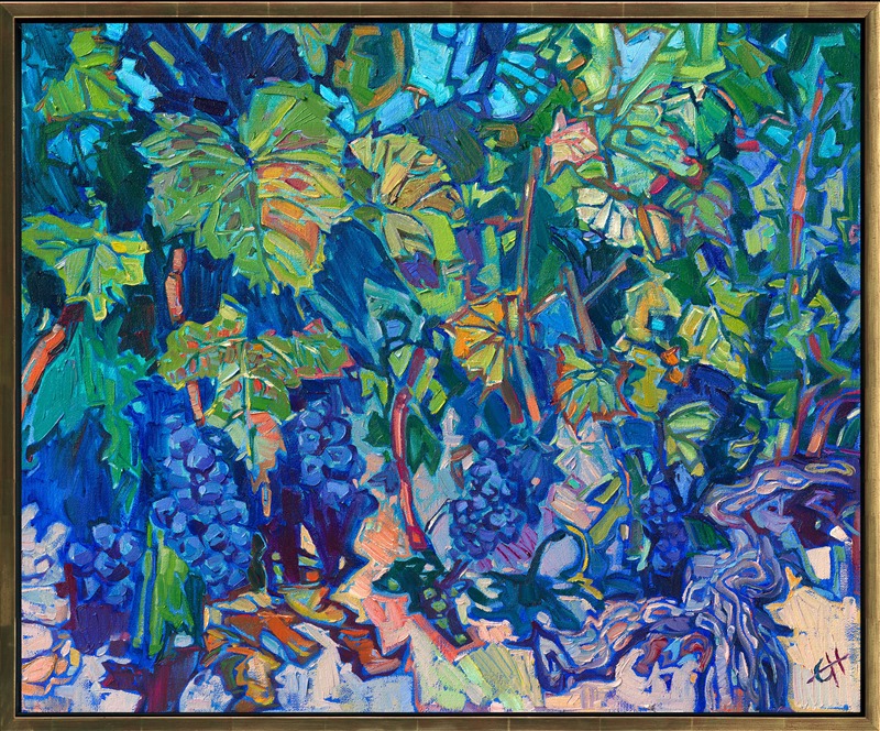 This painting captures the detail of a hundred-year-old grapevine in Paso Robles wine country. The stained-glass quality of light is captured with contrasting shades of vibrant color.</p><p>"On the Vine" is an original oil painting by Erin Hanson, painted on stretched canvas. The piece arrives framed in a gold floater frame, ready to hang.</p><p><b>Please note:</b> This painting will be hanging in a museum exhibition until November 5th, 2023. This piece is included in the show <i><a href="https://www.erinhanson.com/Event/ErinHansonatBoneCreekMuseum">Erin Hanson: Color on the Vine</i></a> at the Bone Creek Museum of Agrarian Art in Nebraska. You may purchase the painting now, but you will not receive the painting until after the show ends in November 2023.