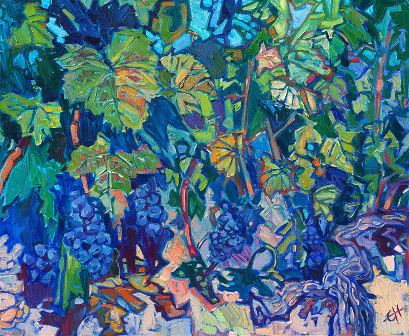 This painting captures the detail of a hundred-year-old grapevine in Paso Robles wine country. The stained-glass quality of light is captured with contrasting shades of vibrant color.</p><p>"On the Vine" is an original oil painting by Erin Hanson, painted on stretched canvas. The piece arrives framed in a gold floater frame, ready to hang.</p><p><b>Please note:</b> This painting will be hanging in a museum exhibition until November 5th, 2023. This piece is included in the show <i><a href="https://www.erinhanson.com/Event/ErinHansonatBoneCreekMuseum">Erin Hanson: Color on the Vine</i></a> at the Bone Creek Museum of Agrarian Art in Nebraska. You may purchase the painting now, but you will not receive the painting until after the show ends in November 2023.