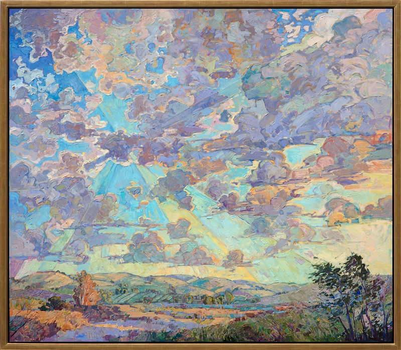 A dramatic summer sky bursts with color above the idyllic rolling hills of Paso Robles.  The softly rounded hillsides are dotted with oaks, while a eucalyptus grove catches the warm afternoon light.  The impressionistic, expressive brush strokes are thickly applied and add a sense of movement to the painting.</p><p>This large oil painting was done on 1-1/2" canvas, with the painting continued around the edges of the canvas.  The piece has been framed in a wide gold floater frame for a classic-contemporary look.