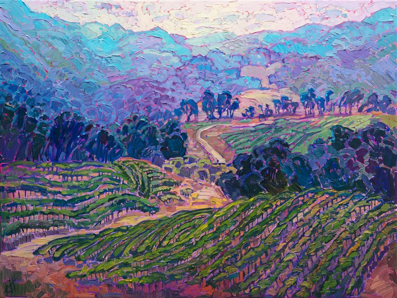 Opolo Winery in Paso Robles is captured here in lush strokes of colorful oil paint. The landscape is purple and misty in the early morning.