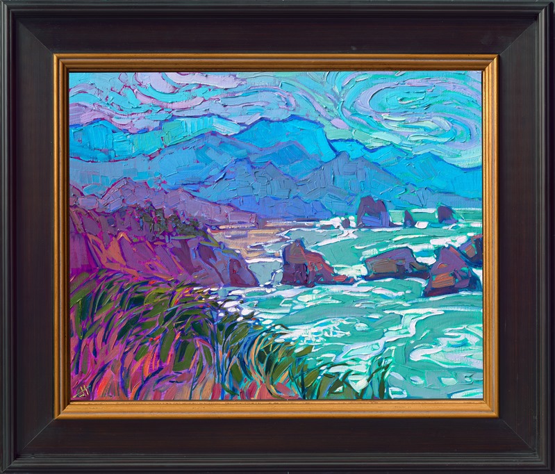 Swirls of color above the rolling mountains of Oregon's coastline are captured in thick, expressive brush strokes. This impressionist painting is alive with movement and impasto paint. This painting was inspired by the headlands above Cannon Beach.</p><p>"Oregon Coast" is a petite original oil painting on linen board, framed in a classic plein air frame, ready to hang.