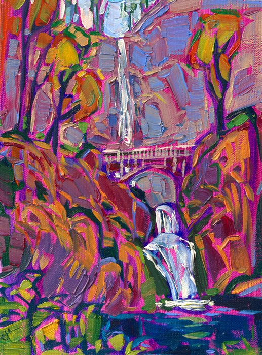 Multnomah Falls is one of Oregon's most prized possessions. This waterfall pours from incredible heights, surrounded by lush forests and looming rocky cliffs. This petite painting captures the grandeur of this vista on only 8 inches of canvas.</p><p>"Oregon Falls" is an original oil painting on petite linen canvas. This piece arrives framed in a custom-made plein air frame (mock floater style, so the edges are uncovered).