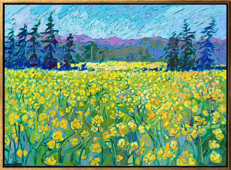 Wide plains of yellow mustard plants grow abundantly in the Willamette Valley in Oregon. The mountains surrounding the valley are purple in the distance. Loose, expressive brush strokes capture the beautiful, changing color of the scene.</p><p>"Oregon Mustard" was created on gallery-depth linen canvas. The painting arrives framed in a contemporary gold floater frame, ready to hang.