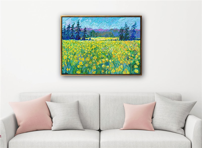 Wide plains of yellow mustard plants grow abundantly in the Willamette Valley in Oregon. The mountains surrounding the valley are purple in the distance. Loose, expressive brush strokes capture the beautiful, changing color of the scene.</p><p>"Oregon Mustard" was created on gallery-depth linen canvas. The painting arrives framed in a contemporary gold floater frame, ready to hang.