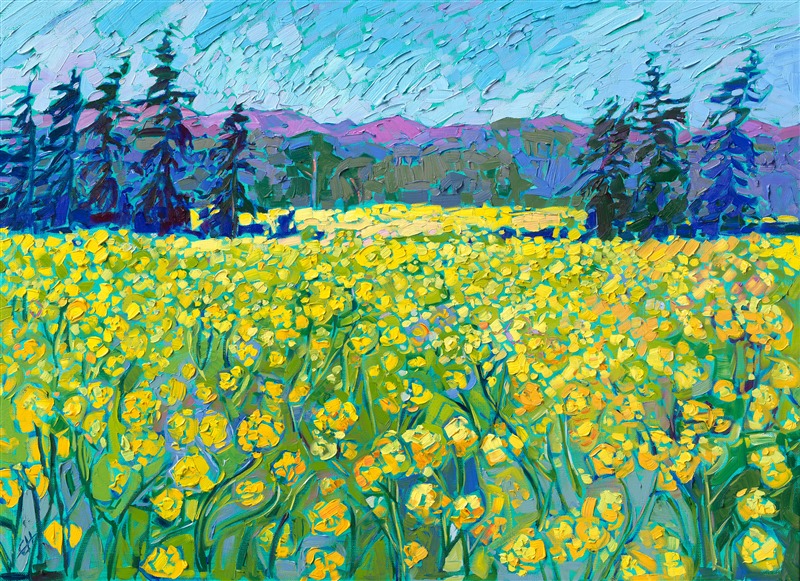 Wide plains of yellow mustard plants grow abundantly in the Willamette Valley in Oregon. The mountains surrounding the valley are purple in the distance. Loose, expressive brush strokes capture the beautiful, changing color of the scene.</p><p>"Oregon Mustard" was created on gallery-depth linen canvas. The painting arrives framed in a contemporary gold floater frame, ready to hang.