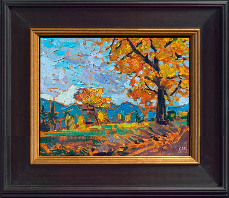 This petite work on linen board captures the beauty of Oregon's Willamette Valley in the fall. Rich hues of orange and gold stand out against a gray-blue October sky. Impressionism is the perfect style to capture fleeting moments of color and light.</p><p>"Oregon October" is an original oil painting on linen board. The piece arrives framed in a wide, mock floater frame, so you don't lose any of the painting behind the edge of a frame. </p><p>This piece will be displayed in Erin Hanson's annual <i><a href="https://www.erinhanson.com/Event/petiteshow2023">Petite Show</i></a> in McMinnville, Oregon. This painting is available for purchase now, and the piece will ship after the show on November 11, 2023.