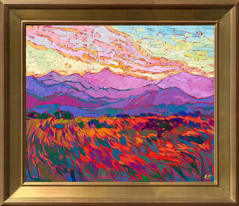 The coastal range bordering the Willamette Valley in Oregon is most beautiful just before sunset, when each layer of the mountain range turns a distinct and separate shade of color. The purple mountains contrast beautifully with the yellow sky above.</p><p>"Oregon Sky" was created on linen board, and the painting arrives in a gold plein air frame, ready to hang.