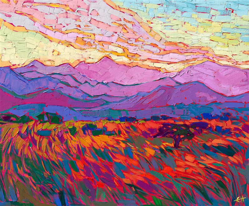 The coastal range bordering the Willamette Valley in Oregon is most beautiful just before sunset, when each layer of the mountain range turns a distinct and separate shade of color. The purple mountains contrast beautifully with the yellow sky above.</p><p>"Oregon Sky" was created on linen board, and the painting arrives in a gold plein air frame, ready to hang.
