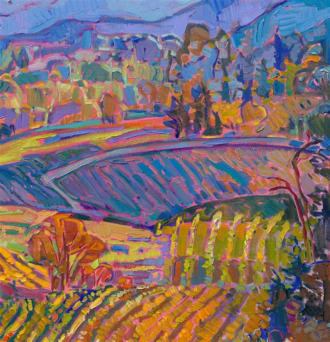 This painting captures the beauty of Oregon's Willamette Valley. On a clear day, the layers of rolling vineyards seem to stretch all the way to the foothills of Mt Hood. Thick brush strokes of oil paint create a sense of movement within the painting.