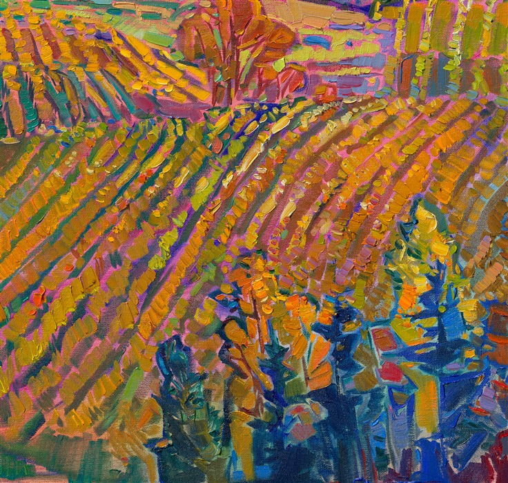 This painting captures the beauty of Oregon's Willamette Valley. On a clear day, the layers of rolling vineyards seem to stretch all the way to the foothills of Mt Hood. Thick brush strokes of oil paint create a sense of movement within the painting.