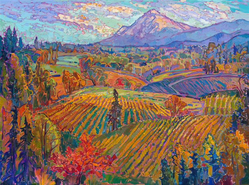 This painting captures the beauty of Oregon's Willamette Valley. On a clear day, the layers of rolling vineyards seem to stretch all the way to the foothills of Mt Hood. Thick brush strokes of oil paint create a sense of movement within the painting.