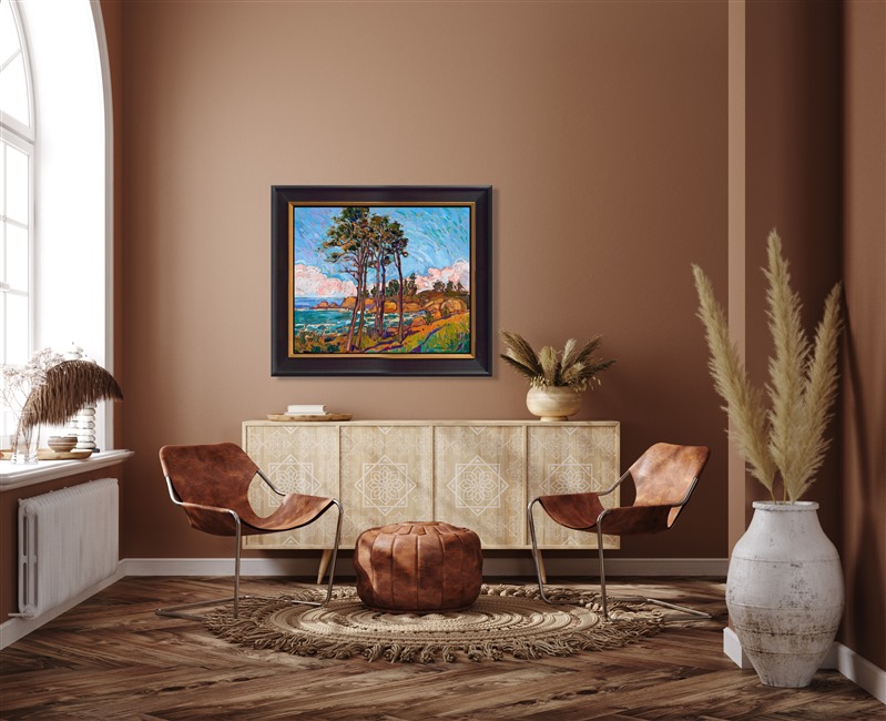 A tall grove of cypress trees caught my attention while driving south along the Pacific Coast. The morning light cast golden hues across the sandstone cliffs, a beautiful contrast to the ocean blues. Thick strokes of oil paint laid side by side without layering create a sensation of movement in the piece.