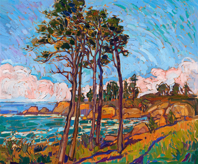 A tall grove of cypress trees caught my attention while driving south along the Pacific Coast. The morning light cast golden hues across the sandstone cliffs, a beautiful contrast to the ocean blues. Thick strokes of oil paint laid side by side without layering create a sensation of movement in the piece.