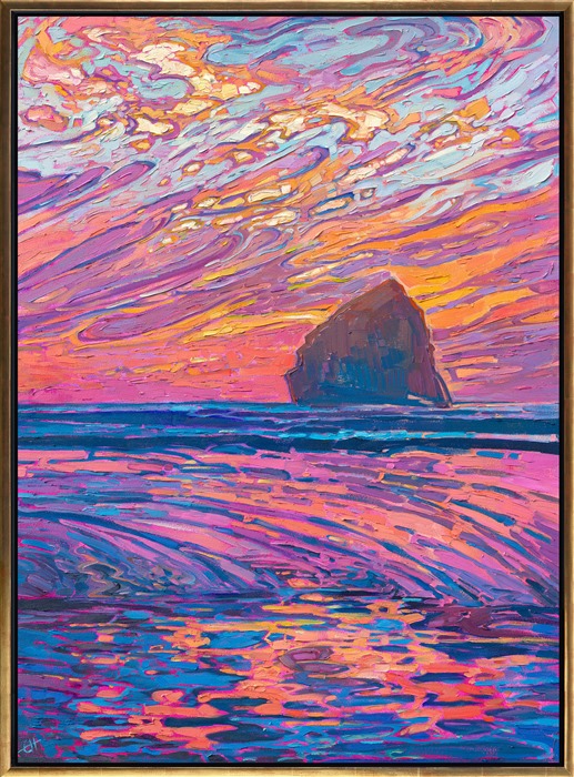 One of Oregon's iconic coastal rock formations, seen from Pacific City, is captured on canvas with loose, expressive brush strokes. The colors are alive with movement, recapturing the joy felt out of doors at sunset.</p><p>"Pacific Sunset" is an original oil painting on stretched canvas. The piece arrives framed in a contemporary gold floater frame, ready to hang.