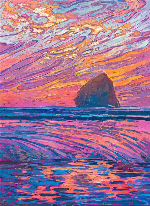One of Oregon's iconic coastal rock formations, seen from Pacific City, is captured on canvas with loose, expressive brush strokes. The colors are alive with movement, recapturing the joy felt out of doors at sunset.</p><p>"Pacific Sunset" is an original oil painting on stretched canvas. The piece arrives framed in a contemporary gold floater frame, ready to hang.