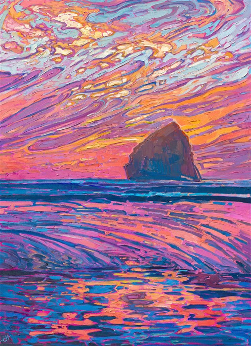 One of Oregon's iconic coastal rock formations, seen from Pacific City, is captured on canvas with loose, expressive brush strokes. The colors are alive with movement, recapturing the joy felt out of doors at sunset.

"Pacific Sunset" is an original oil painting on stretched canvas. The piece arrives framed in a contemporary gold floater frame, ready to hang.