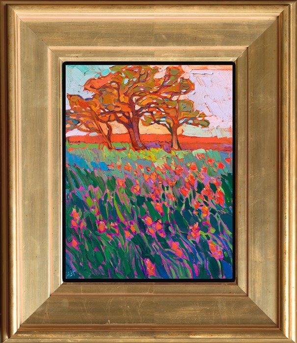 Indian paintbrush wildflowers sweep through the springtime grasses in this petite painting of Texas hill country. The impressionist colors and impasto brushstrokes glow with light and movement.</p><p>"Paintbrush Blooms" is an original oil painting on linen board. The piece arrives framed in a gold plein air frame, ready to hang.</p><p>This painting will be displayed at Erin Hanson's annual <a href="https://www.erinhanson.com/Event/ErinHansonSmallWorks2022" target=_"blank"><i>Petite Show</a></i> on November 19th, 2022, at The Erin Hanson Gallery in McMinnville, OR.