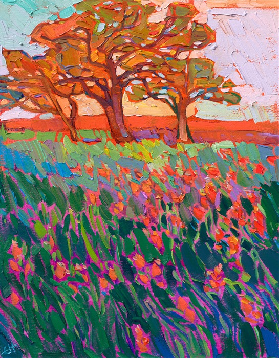 Indian paintbrush wildflowers sweep through the springtime grasses in this petite painting of Texas hill country. The impressionist colors and impasto brushstrokes glow with light and movement.</p><p>"Paintbrush Blooms" is an original oil painting on linen board. The piece arrives framed in a gold plein air frame, ready to hang.</p><p>This painting will be displayed at Erin Hanson's annual <a href="https://www.erinhanson.com/Event/ErinHansonSmallWorks2022" target=_"blank"><i>Petite Show</a></i> on November 19th, 2022, at The Erin Hanson Gallery in McMinnville, OR.