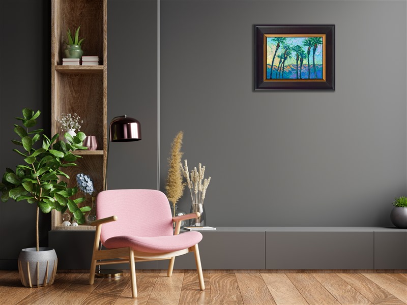 The Coachella Valley is famous for its dramatic mountain ranges and iconic date palms. Inspired by La Quinta, California, this petite painting captures all the beauty and vivacity of the high desert. </p><p>"Painted Palms" is an original oil painting on linen board, done in Erin Hanson's signature Open Impressionism style. The piece arrives framed in a wide, black and gold plein air frame. </p><p>This piece will be displayed in Erin Hanson's annual <i><a href="https://www.erinhanson.com/Event/petiteshow2023">Petite Show</i></a> in McMinnville, Oregon. This painting is available for purchase now, and the piece will ship after the show on November 11, 2023.