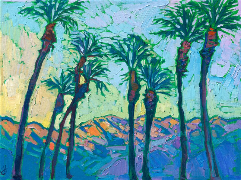 The Coachella Valley is famous for its dramatic mountain ranges and iconic date palms. Inspired by La Quinta, California, this petite painting captures all the beauty and vivacity of the high desert. </p><p>"Painted Palms" is an original oil painting on linen board, done in Erin Hanson's signature Open Impressionism style. The piece arrives framed in a wide, black and gold plein air frame. </p><p>This piece will be displayed in Erin Hanson's annual <i><a href="https://www.erinhanson.com/Event/petiteshow2023">Petite Show</i></a> in McMinnville, Oregon. This painting is available for purchase now, and the piece will ship after the show on November 11, 2023.