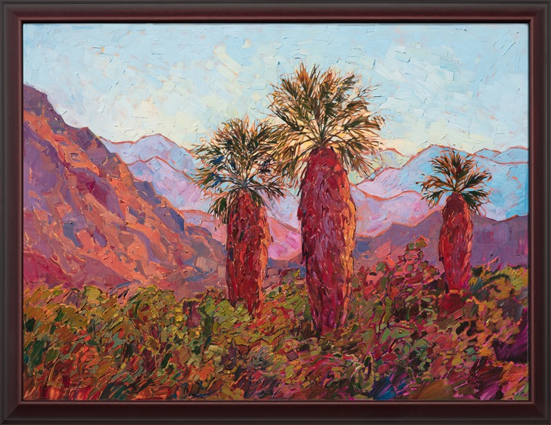 Shaggy palms stand proudly before the jagged mountains of Anza Borrego State Park. These palms mark the entrance of the local camping ground.  The desert plantlife is green and full after the spring rains. The brush strokes in this painting are loose and impressionistic, alive with color and motion.</p><p>This painting was done on 3/4" canvas. We have two frames available for this painting: one is an elegant, hand-carved gold frame, and the other is a smooth cherry wood frame.  You can see the two framed images above.