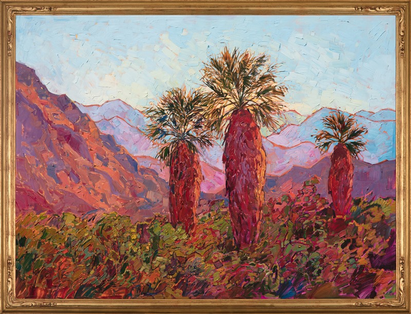 Shaggy palms stand proudly before the jagged mountains of Anza Borrego State Park. These palms mark the entrance of the local camping ground.  The desert plantlife is green and full after the spring rains. The brush strokes in this painting are loose and impressionistic, alive with color and motion.</p><p>This painting was done on 3/4" canvas. We have two frames available for this painting: one is an elegant, hand-carved gold frame, and the other is a smooth cherry wood frame.  You can see the two framed images above.