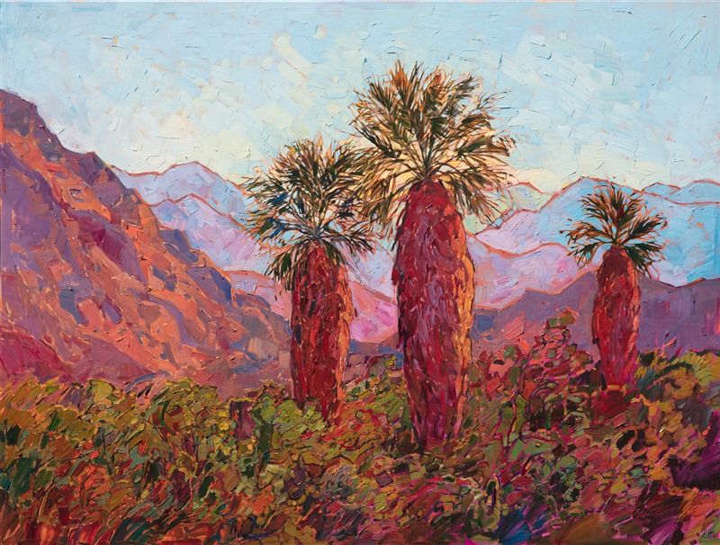 Shaggy palms stand proudly before the jagged mountains of Anza Borrego State Park. These palms mark the entrance of the local camping ground.  The desert plantlife is green and full after the spring rains. The brush strokes in this painting are loose and impressionistic, alive with color and motion.

This painting was done on 3/4" canvas. We have two frames available for this painting: one is an elegant, hand-carved gold frame, and the other is a smooth cherry wood frame.  You can see the two framed images above.

This painting was exhibited at <i>Erin Hanson: Landscapes of the West </i> solo museum exhibition at the Sears Art Museum in St. George, Utah.