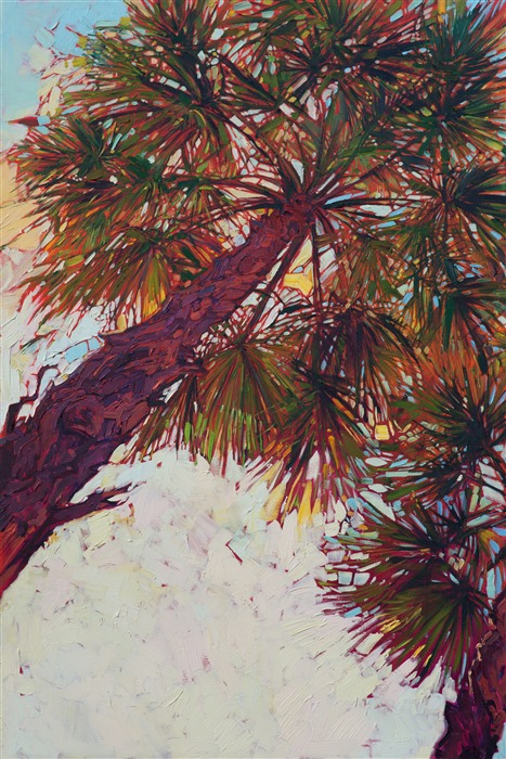 Looking up into these palm fronds in La Quinta, California inspired this colorful triptych painting.  Each panel captures the movement and texture of the palms, while the changing light reflects different colors through the fronds.  The brush strokes are thick and impressionistic, creating a mosaic of color and texture across the canvas.</p><p>This painting was created on three gallery-depth canvases, with the painting continued around the edges of the canvas, creating a modern three-dimensional effect. Each panel measures 34" wide x 51" tall x 2" deep. You may space the three panels about 2-3 inches apart on your wall.  This painting arrives unframed, ready to hang.</p><p>