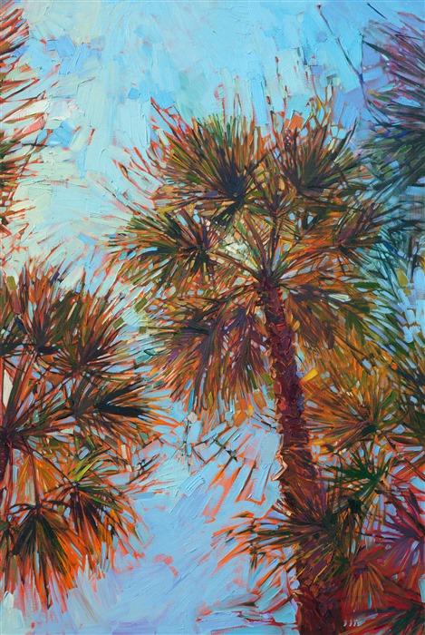 Looking up into these palm fronds in La Quinta, California inspired this colorful triptych painting.  Each panel captures the movement and texture of the palms, while the changing light reflects different colors through the fronds.  The brush strokes are thick and impressionistic, creating a mosaic of color and texture across the canvas.</p><p>This painting was created on three gallery-depth canvases, with the painting continued around the edges of the canvas, creating a modern three-dimensional effect. Each panel measures 34" wide x 51" tall x 2" deep. You may space the three panels about 2-3 inches apart on your wall.  This painting arrives unframed, ready to hang.</p><p>