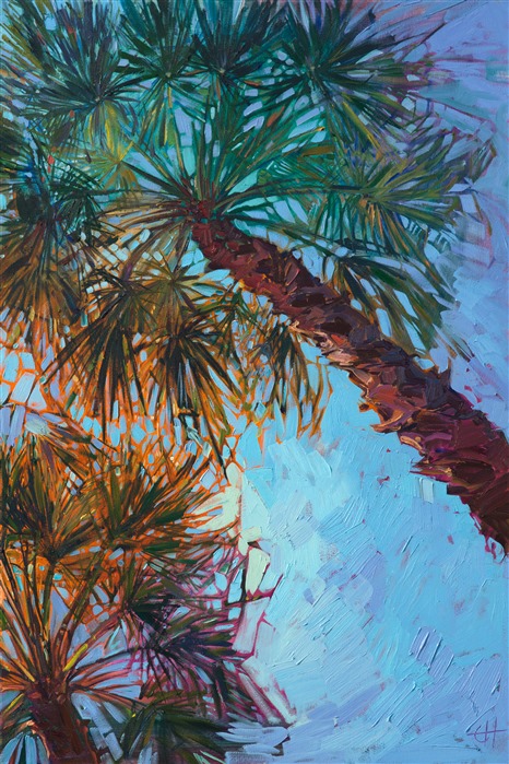 Looking up into these palm fronds in La Quinta, California inspired this colorful triptych painting.  Each panel captures the movement and texture of the palms, while the changing light reflects different colors through the fronds.  The brush strokes are thick and impressionistic, creating a mosaic of color and texture across the canvas.</p><p>This painting was created on three gallery-depth canvases, with the painting continued around the edges of the canvas, creating a modern three-dimensional effect. Each panel measures 34" wide x 51" tall x 2" deep. You may space the three panels about 2-3 inches apart on your wall.  This painting arrives unframed, ready to hang.</p><p>