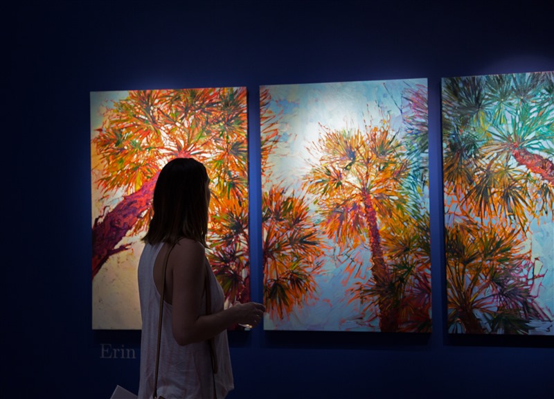 Looking up into these palm fronds in La Quinta, California inspired this colorful triptych painting.  Each panel captures the movement and texture of the palms, while the changing light reflects different colors through the fronds.  The brush strokes are thick and impressionistic, creating a mosaic of color and texture across the canvas.</p><p>This painting was created on three gallery-depth canvases, with the painting continued around the edges of the canvas, creating a modern three-dimensional effect. Each panel measures 34" wide x 51" tall x 2" deep. You may space the three panels about 2-3 inches apart on your wall.  This painting arrives unframed, ready to hang.</p><p>