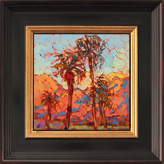 The California desert is one of the most beautiful landscapes to paint.  In the early morning the San Joaquin Mountains light up like fire, a beautiful backdrop for the stately palm trees.

These petite works are part of the 12 Days of Christmas Collection, which are being released one painting per day, starting on December 5th. Each 6x6 painting is beautifully framed in a classic floater frame, which allows you to enjoy the brush strokes all the way to the edge of the canvas.
