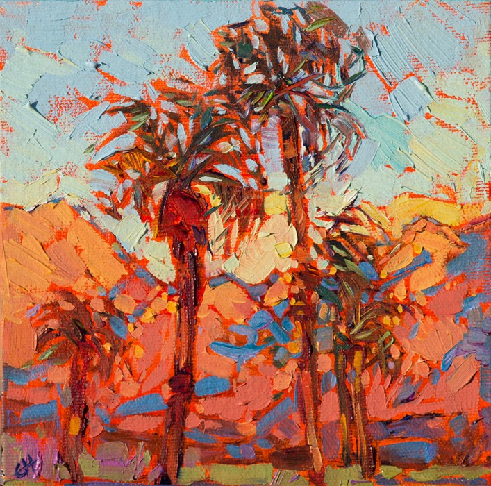 The California desert is one of the most beautiful landscapes to paint.  In the early morning the San Joaquin Mountains light up like fire, a beautiful backdrop for the stately palm trees.</p><p>These petite works are part of the 12 Days of Christmas Collection, which are being released one painting per day, starting on December 5th. Each 6x6 painting is beautifully framed in a classic floater frame, which allows you to enjoy the brush strokes all the way to the edge of the canvas.